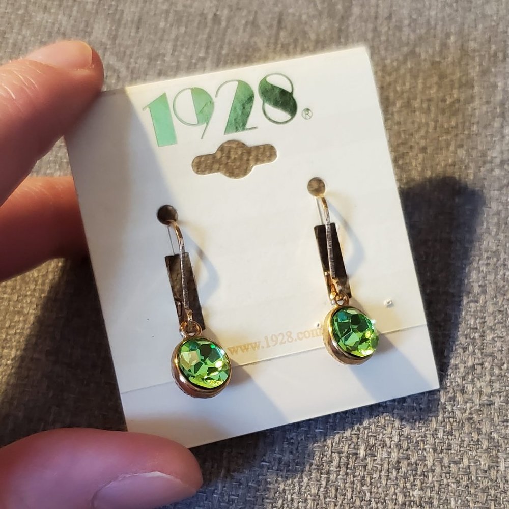 1928 14K Gold Dipped Green Crystal Drop Earrings Leverback NEW USA Made